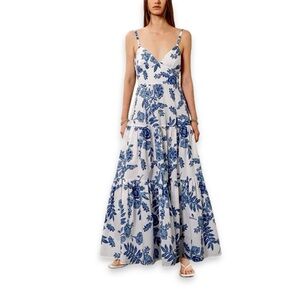 Moon River Maxi Tiered Cotton Dress Blue White Floral Sundress Romantic Vacation